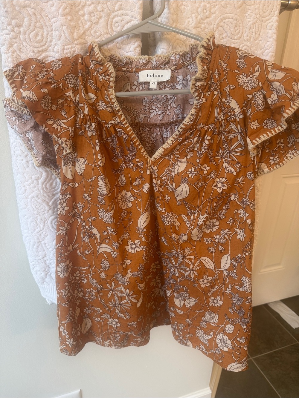 bohme rust orange floral ruffle-sleeve blouse 100% cotton